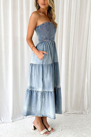 Sonicelife Strapless Tiered Slit Denim Dress