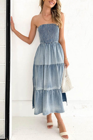 Sonicelife Strapless Tiered Slit Denim Dress