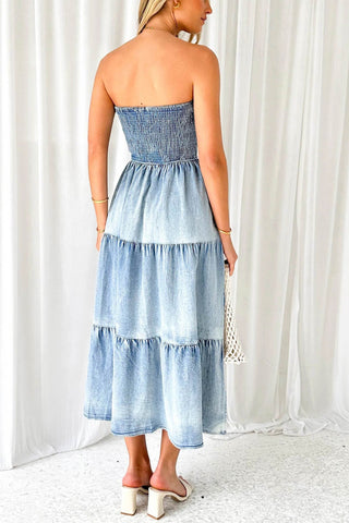 Sonicelife Strapless Tiered Slit Denim Dress