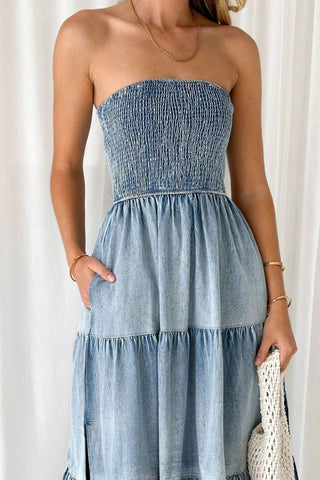 Sonicelife Strapless Tiered Slit Denim Dress