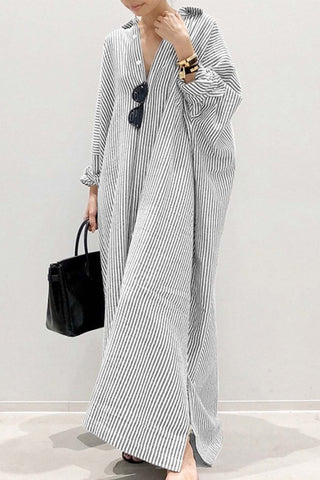 Sonicelife Stripe Lapel Single-breasted Midi Dress