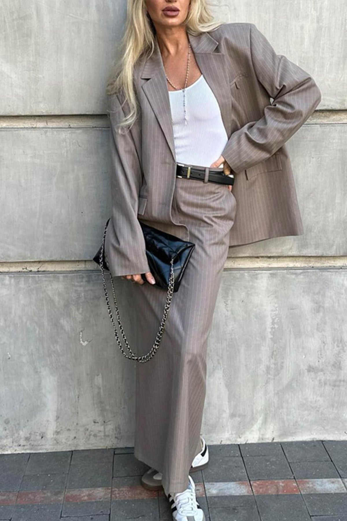 Sonicelife-Striped Blazer Midi Skirt Two-piece Outfit