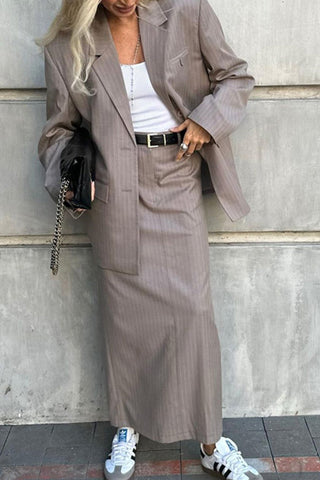 Sonicelife-Striped Blazer Midi Skirt Two-piece Outfit