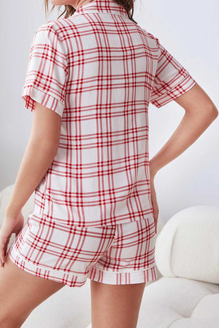 Sonicelife-Striped Plaid Print Shirt Shorts Two-Piece Loungewear