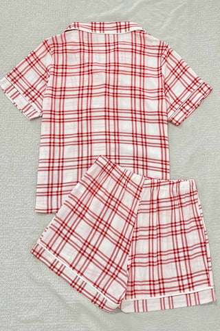 Sonicelife-Striped Plaid Print Shirt Shorts Two-Piece Loungewear