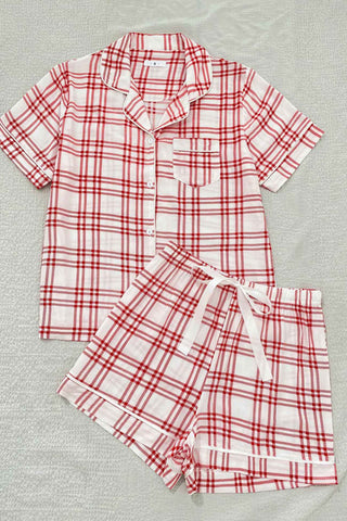 Sonicelife-Striped Plaid Print Shirt Shorts Two-Piece Loungewear