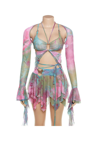 Sonicelife-Tie Dyed Fringe Vest Cover-up Three-piece Skirt Suits