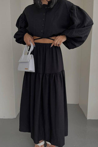 Sonicelife-Tie-up Crop Top Tiered Midi Skirt Suits