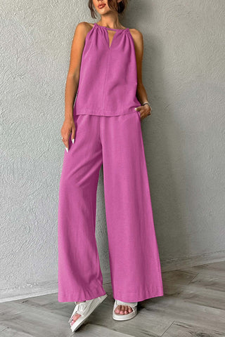 Sonicelife-Tie-up Cutout Cotton Tank Top Long Pants Suits