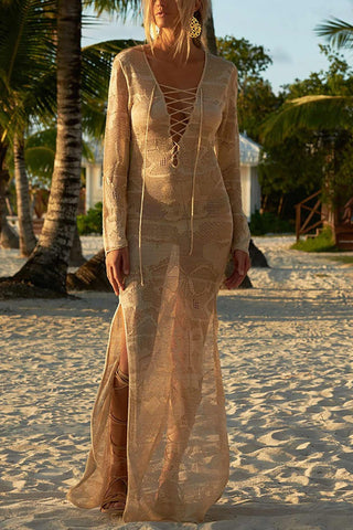 Sonicelife Tie-up Knit Slit Cover-up Dress
