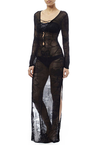 Sonicelife Tie-up Knit Slit Cover-up Dress