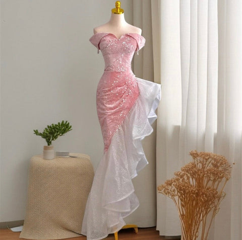 Sonicelife Tulle Off Shoulder Pearls Mermaid Dress