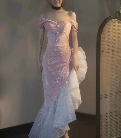 Sonicelife Tulle Off Shoulder Pearls Mermaid Dress