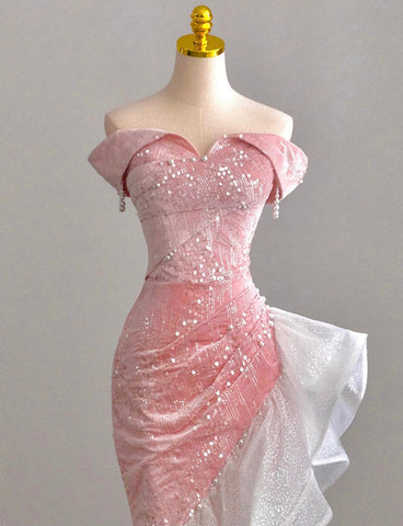 Sonicelife Tulle Off Shoulder Pearls Mermaid Dress