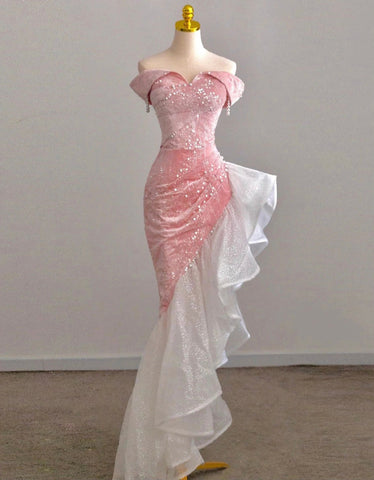 Sonicelife Tulle Off Shoulder Pearls Mermaid Dress