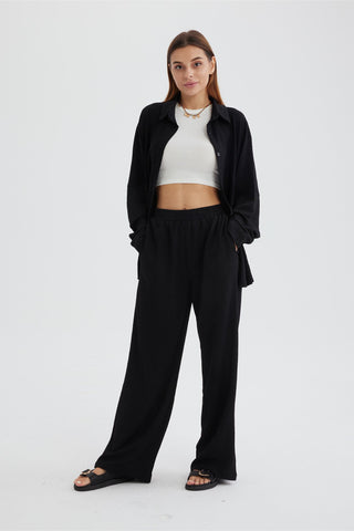 Sonicelife-Two Piece Solid Color Long Sleeve Shirt Long Pants Set