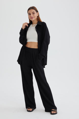 Sonicelife-Two Piece Solid Color Long Sleeve Shirt Long Pants Set