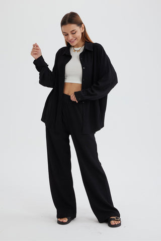 Sonicelife-Two Piece Solid Color Long Sleeve Shirt Long Pants Set