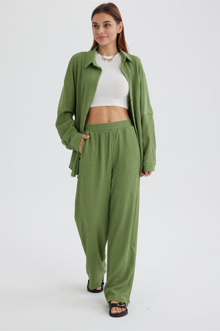 Sonicelife-Two Piece Solid Color Long Sleeve Shirt Long Pants Set