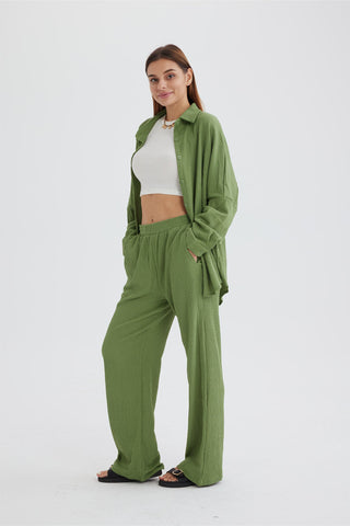 Sonicelife-Two Piece Solid Color Long Sleeve Shirt Long Pants Set