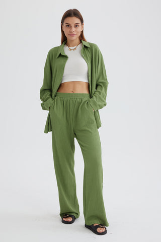 Sonicelife-Two Piece Solid Color Long Sleeve Shirt Long Pants Set