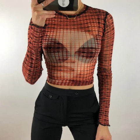 Sonicelife Gothic Black Pachtwork Mesh Sheer T-shirt Graphic 90s Vintage Women Long Sleeve Slim Fit Crop Top Harajuku Streetwear