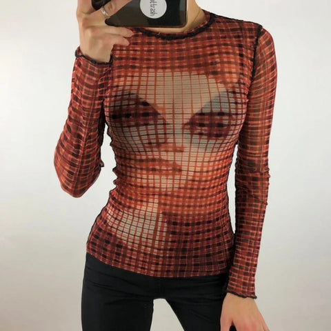 Sonicelife Gothic Black Pachtwork Mesh Sheer T-shirt Graphic 90s Vintage Women Long Sleeve Slim Fit Crop Top Harajuku Streetwear