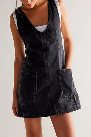 Sonicelife hoco dresses-V Neck Backless Tank Denim Dress