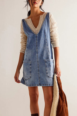 Sonicelife hoco dresses-V Neck Backless Tank Denim Dress