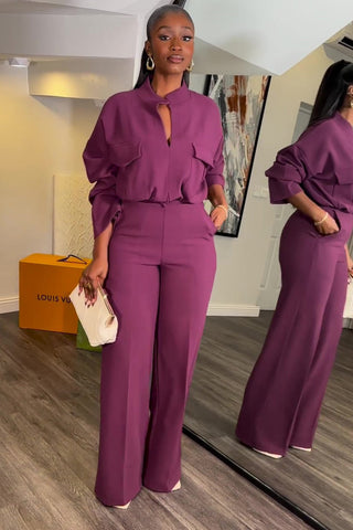 Sonicelife-V Neck Blouse Wide Leg Long Pants Suits