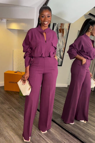 Sonicelife-V Neck Blouse Wide Leg Long Pants Suits