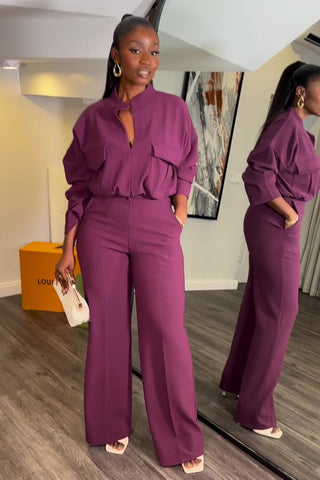 Sonicelife-V Neck Blouse Wide Leg Long Pants Suits