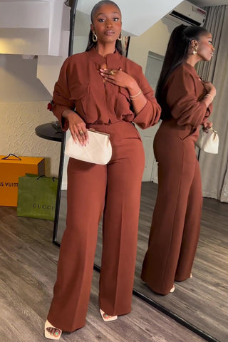 Sonicelife-V Neck Blouse Wide Leg Long Pants Suits