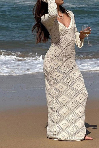 Sonicelife V Neck Crochet Checkered Hollow Out Midi Dress