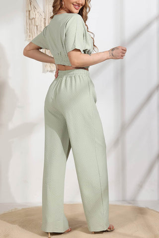 Sonicelife-V Neck Crop Tops Wide Leg Pants Set