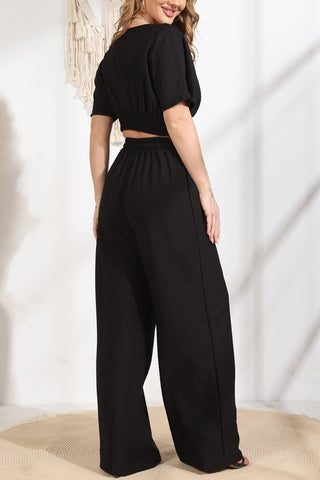 Sonicelife-V Neck Crop Tops Wide Leg Pants Set