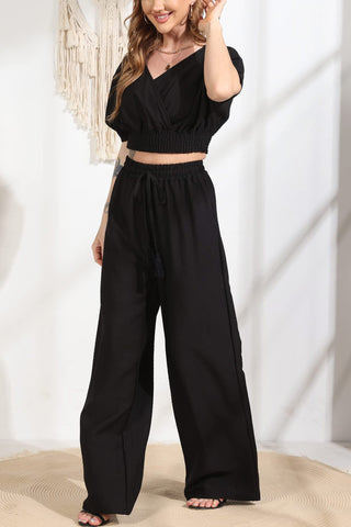 Sonicelife-V Neck Crop Tops Wide Leg Pants Set