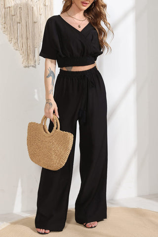 Sonicelife-V Neck Crop Tops Wide Leg Pants Set