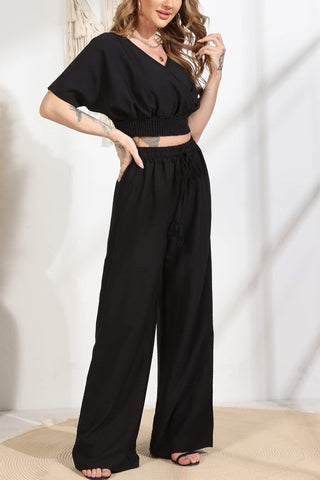 Sonicelife-V Neck Crop Tops Wide Leg Pants Set