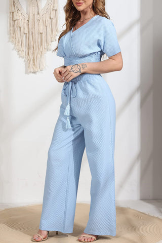 Sonicelife-V Neck Crop Tops Wide Leg Pants Set