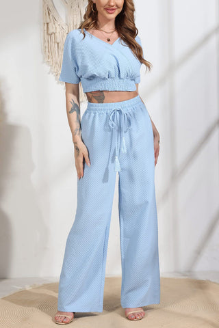 Sonicelife-V Neck Crop Tops Wide Leg Pants Set