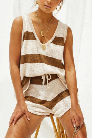 Sonicelife V Neck Knit Tank Top Shorts Suits