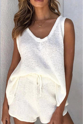 Sonicelife V Neck Knit Tank Top Shorts Suits