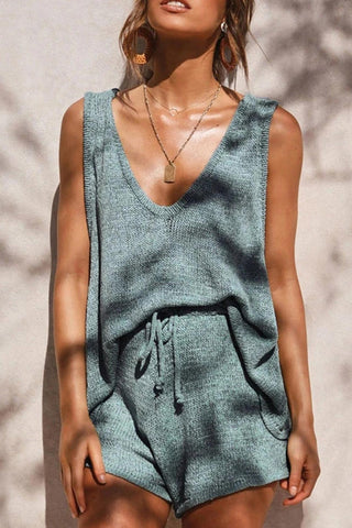 Sonicelife V Neck Knit Tank Top Shorts Suits
