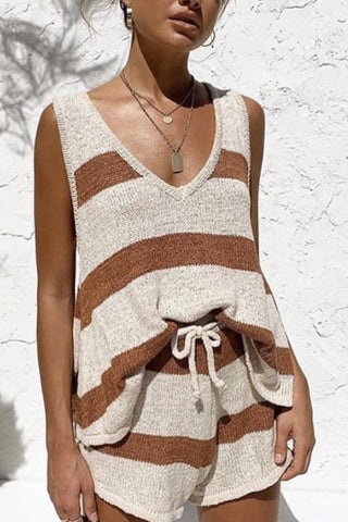 Sonicelife V Neck Knit Tank Top Shorts Suits