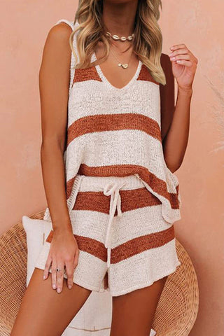 Sonicelife V Neck Knit Tank Top Shorts Suits