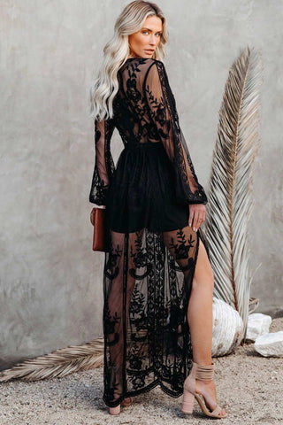 Sonicelife V Neck Lace Patchwork Split Maxi Dress