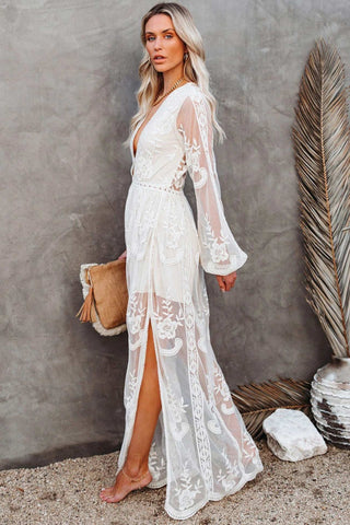 Sonicelife V Neck Lace Patchwork Split Maxi Dress