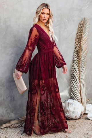 Sonicelife V Neck Lace Patchwork Split Maxi Dress