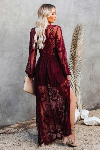 Sonicelife V Neck Lace Patchwork Split Maxi Dress